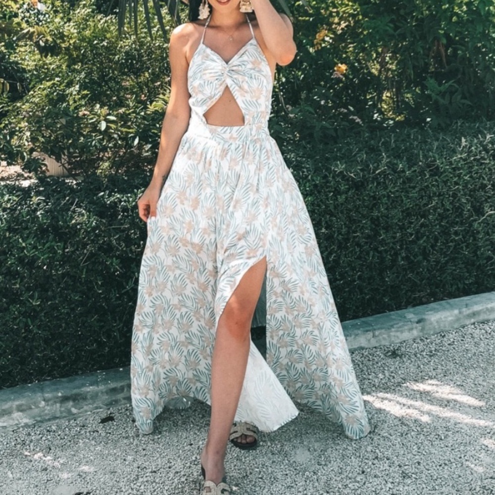 Amaryllis Floral Palm Print Halter Maxi Dress